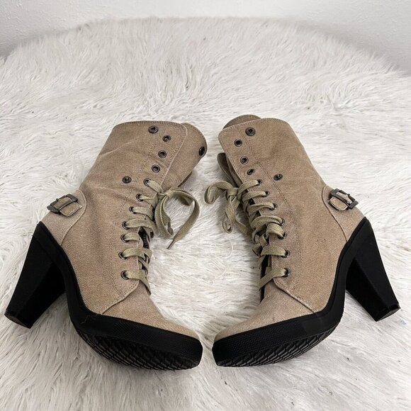 Aldo Beige Green Lace Up Heeled Ankle Boots Canvas Foldover Size 39 EU 8.5 US - Picture 8 of 12
